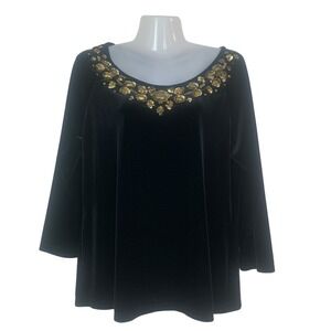 Linea by Louis Dell Olio Women's M Black Velvet Embellished Sequin Top Holiday